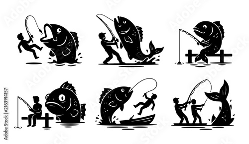 Fishing Adventure Vector Icons, Man vs Giant Fish Silhouettes, Outdoor Hobby Scenes, Nautical Sport Illustrations, Black and White Graphic Elements