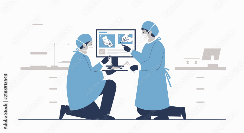 Fototapeta premium Surgeons Discussing Medical Procedure On Computer Screen, Isolated