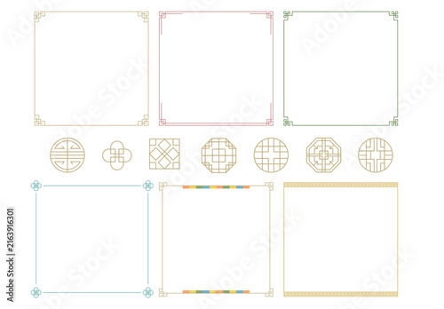 Traditional Korean decorative borders and geometric patterns in a simple line art style for frames, banners and cultural designs.