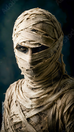 Mummy character wrapped in bandages with dark background  