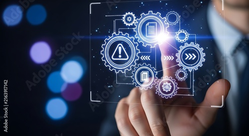 Professional touching digital interface with workflow automation gears, workflow