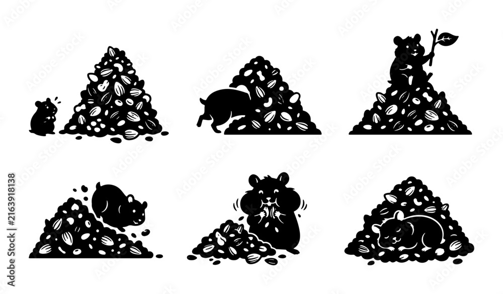 Fototapeta premium Hamster Climbing Gravel Piles, Vector Icons Set: Cute Rodent Actions, Tiny Pet Life, Small Animal Adventure, Graphic Elements for Design