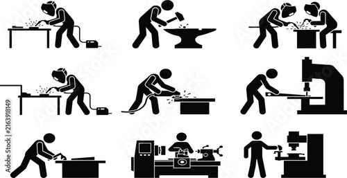 Professional cleaning service worker silhouettes performing various janitorial tasks for commercial maintenance and sanitation illustration vector design collection