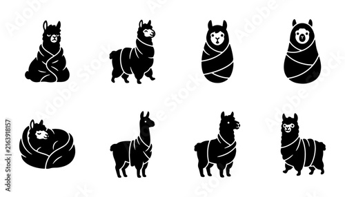 Cute Llama Vector Icons Set, Adorable Alpaca Graphics, Baby Llama Illustrations, Black and White Animal Silhouettes for Design