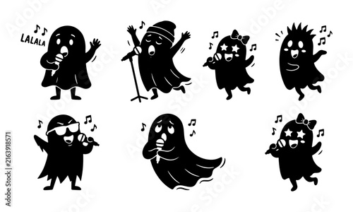 Cute Ghost Characters Singing with Microphones, Set of 7 Silhouettes, Halloween Party Music Fun