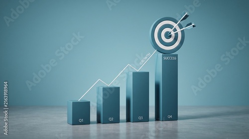 Target Achieved: A striking visual representation of business success, with darts hitting a bullseye atop a bar graph, symbolizing the achievement of goals and growth.
