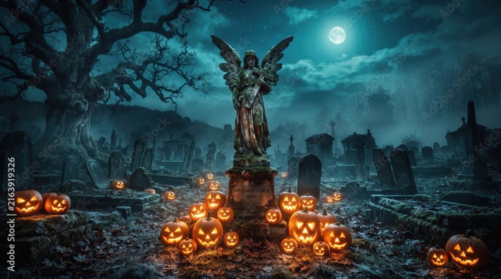 Fototapeta premium Stone angel statue stand in spooky graveyard with glow jack o lantern under full moon for Halloween theme