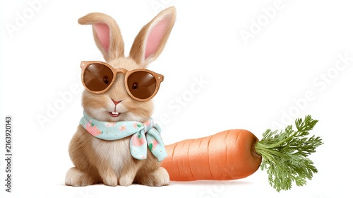 Rabbit wearing sunglasses sitting beside carrot on white background