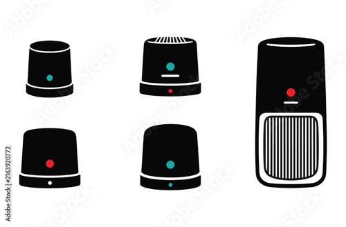 Air purifier humidifier icons set home appliance technology device gadget for clean air purification aroma diffuser smart home device vector graphic elements.