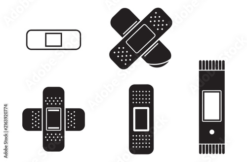 Adhesive medical bandage and wound care strip icons set providing healthcare protection and injury management tools for skin treatment and minor trauma healing application use cases.