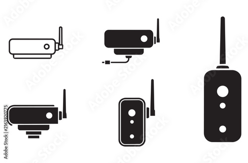 Wireless security camera and surveillance equipment icon set featuring black silhouettes of remote monitoring devices perfect for home protection and smart technology system interface.