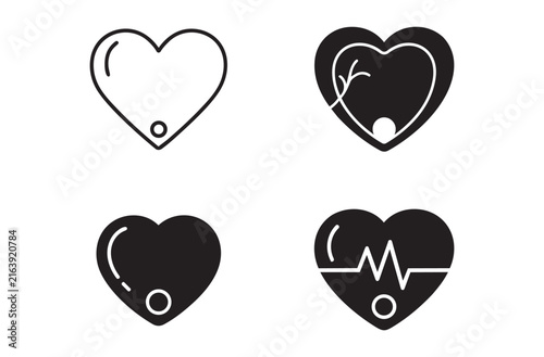 Assorted heart shaped medical icons featuring heartbeat pulse lines and anatomical details for healthcare and wellness application designs isolated on transparent background vectors.