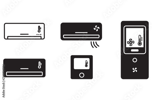 Air conditioning unit and thermostat control system icons vector set featuring modern climate management equipment designs for efficient home office interior temperature control.