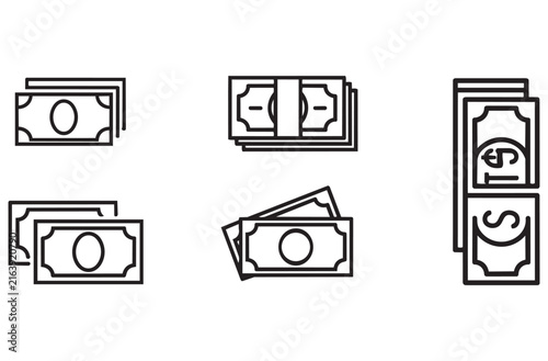 Black and white money bill vector set featuring outlined cash notes in different stacking arrangements for financial accounting documents banking presentations or currency graphic design.