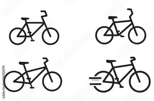 Bicycle outline icons with speed motion lines for cycling sports and eco friendly transportation concepts in various minimalist styles isolated on transparent background vectors.