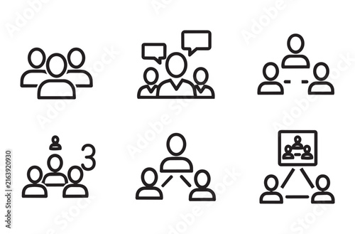 Business people management and team communication icon set featuring black line work on transparent background suitable for professional corporate networking presentations and web.