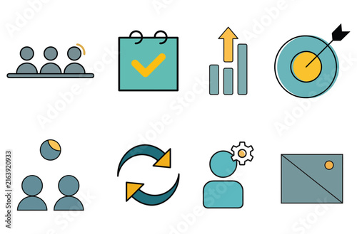 Business management icons set featuring colorful vector symbols for team growth and project progress tracking and digital analytics performance monitoring for office workflow.