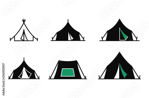 Camping tents collection featuring black silhouette and green accents for outdoor recreation icons including teepee and classic ridge styles for tourism and wilderness adventure.