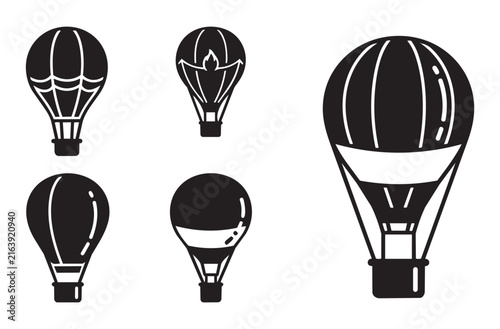 Collection of black hot air balloon silhouettes with various patterns and basket designs perfect for travel and adventure branding projects isolated on transparent background vectors.