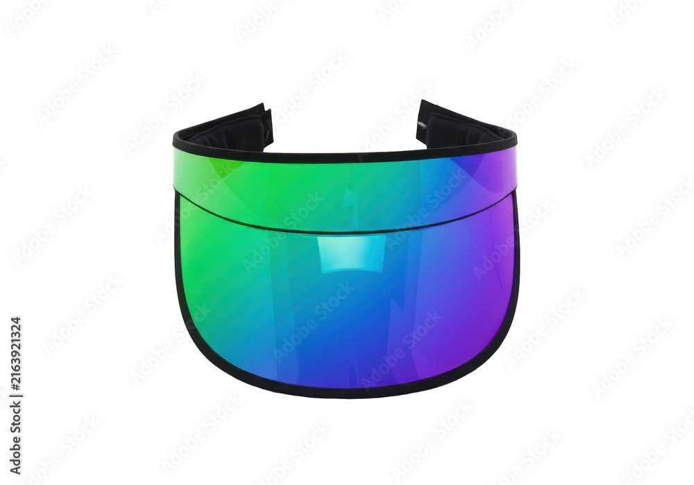 Fototapeta premium Iridescent visor with black trim reflecting vibrant green, blue, and purple hues isolated white background