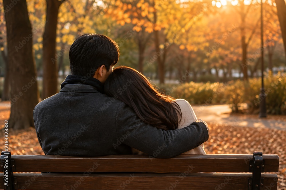 Fototapeta premium Couple sitting on park bench in autumn