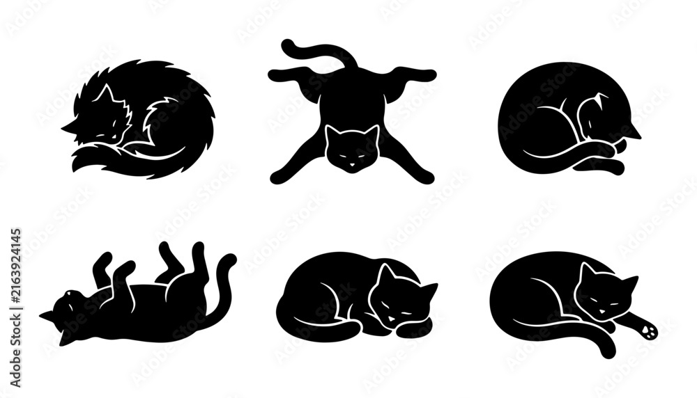 Obraz premium Six Black Cat Silhouettes, Vector Icons: Sleeping, Relaxing, Playful Feline Poses for Pet Lovers, Graphic Design Elements, Animal Graphics