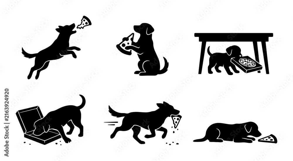 Fototapeta premium Playful Dog Pizza Icon Set, Silhouette Canine Food Lover Graphics, Cute Pet Eating Slice Vector Collection