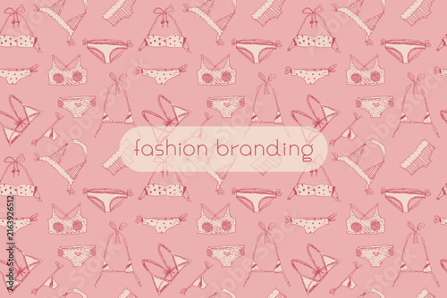 Vector set with hand drawn lingerie and swimwear patterns in pink and burgundy tones for textile design, fashion branding, packaging, apparel, wallpaper and beachwear projects.