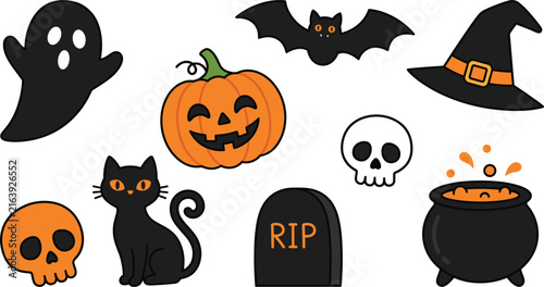 Cute Halloween ,cartoon, character and spooky icon collection with pumpkin ghost, bat cat and witch hat vector