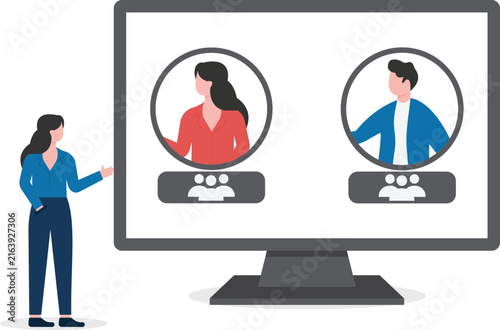 Professionals presenting video conference profiles on large monitor display