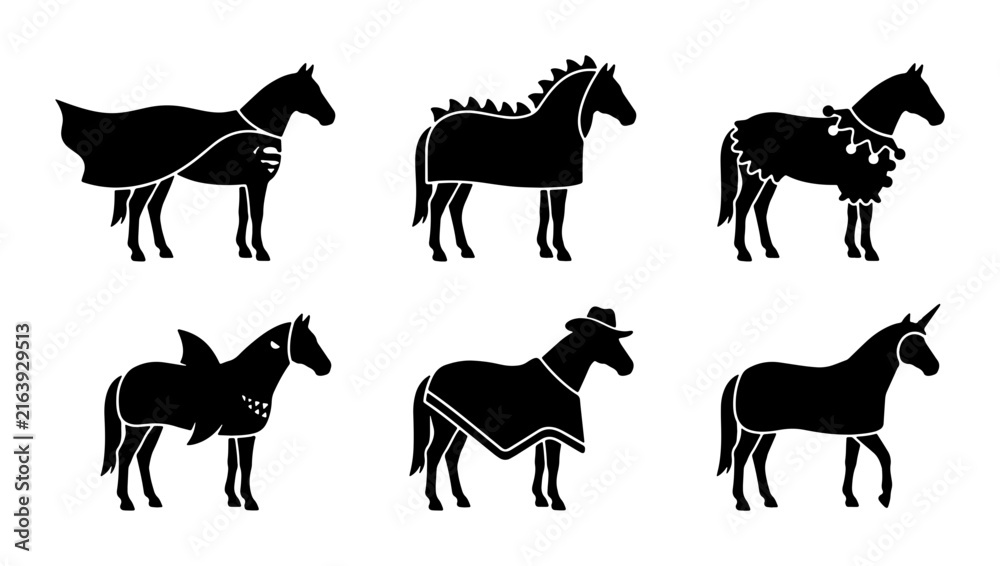 Obraz premium Six Silhouette Horse Icons with Diverse Costumes: Unicorn, Shark, Cowboy Hat, Festive, and Blanket Styles. Vector Set for Creative Projects.