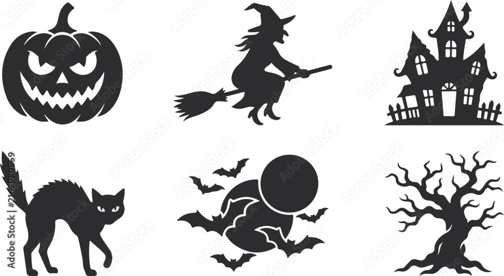 Fototapeta premium Set of six black halloween silhouettes isolated on white background