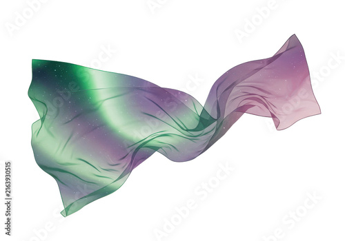 Flowing aurora borealis sheer fabric with starry night sky texture isolated white background