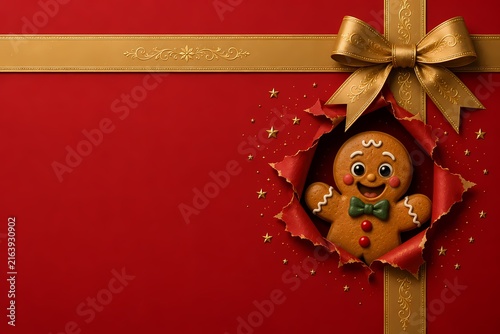 Cute gingerbread man peeking through wrapped Christmas gift with festive red background