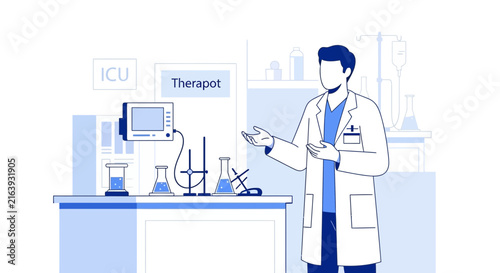 Doctor in lab coat presenting medical equipment and science lab