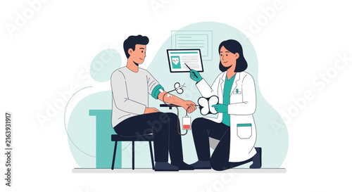 Doctor taking blood sample from patient, medical illustration