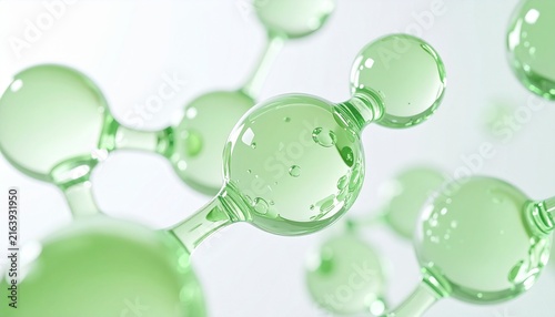 Obraz na płótnie グリーンのぷるんとした透明な分子構造を表現した美容成分背景素材、ジェルと美容液をイメージしたみずみずしい球体で保湿、潤い、透明感、ツヤを表現したスキンケア、セラム、化粧水、基礎化粧品広告、ジェネレーティブAI