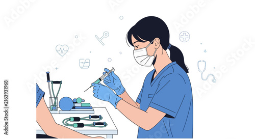 Nurse Administering Injection with Medical Icons, Isolated