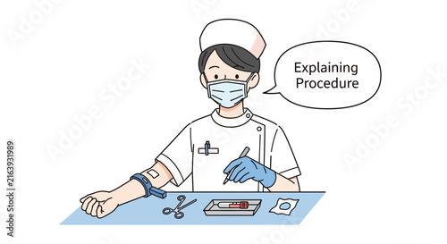 Nurse Explaining Medical Procedure with Blood Draw Equipment Isolated