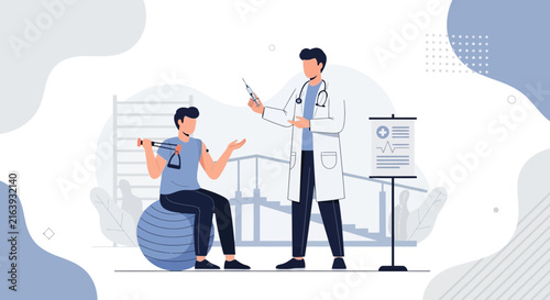 Doctor administering injection to patient undergoing physiotherapy on exercise ball