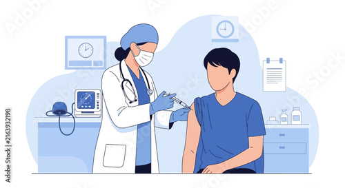 Doctor Administering Vaccine to Patient, Medical Clinic Illustration