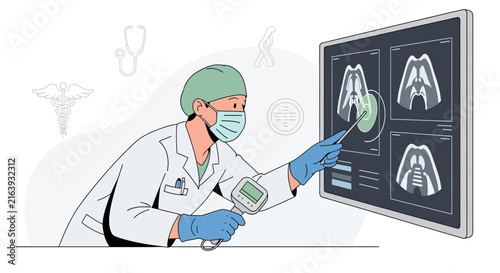 Doctor analyzing MRI scans on screen, medical examination, illustration