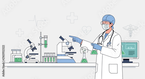 Doctor and laboratory equipment, medical research concept, isolated on transparent background