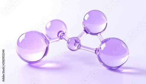 Obraz w ramie 淡いラベンダーパープルの透明な分子構造を表現した美容科学イメージ、ガラスのような球体とみずみずしい透明感で美容成分、潤い、保湿、ツヤをイメージしたスキンケア、美容液、セラム、化粧水、エッセンス、コスメ広告に使える背景素材、ジェネレーティブAI