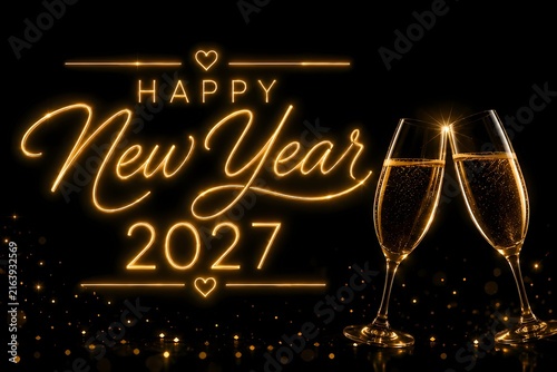 Happy New Year 2027 celebration with champagne glasses and golden lights
