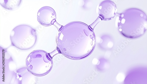 Obraz w ramie ラベンダーカラーの透明な美容成分の分子構造を表現したスキンケア背景素材、ぷるんとした球体とみずみずしい質感で潤い、保湿、透明感、ツヤをイメージした美容科学、美容液、セラム、化粧水、エッセンス、基礎化粧品、コスメ広告に使えるジェネレーティブAI