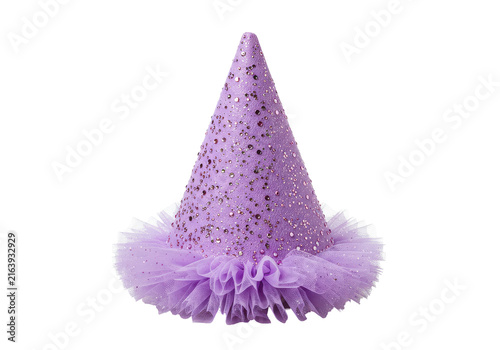 Sparkling lavender party hat with tulle and glitter embellishments isolated white background
