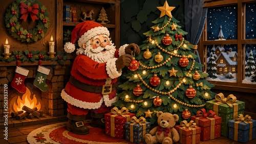 Santa Claus decorating a traditional Christmas tree with red and gold ornaments in a cozy festive room