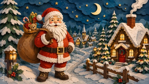 Cheerful Santa Claus with gift sack in a snowy Christmas village under a crescent moon