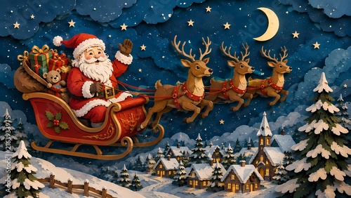 Santa Claus flying over snowy village with reindeer sleigh under magical winter night sky in paper cut style